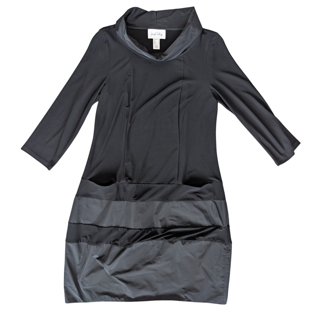 Joseph Ribkoff Size 6 Black Collared long Sleeve Dress Pockets Taffeta Skirt